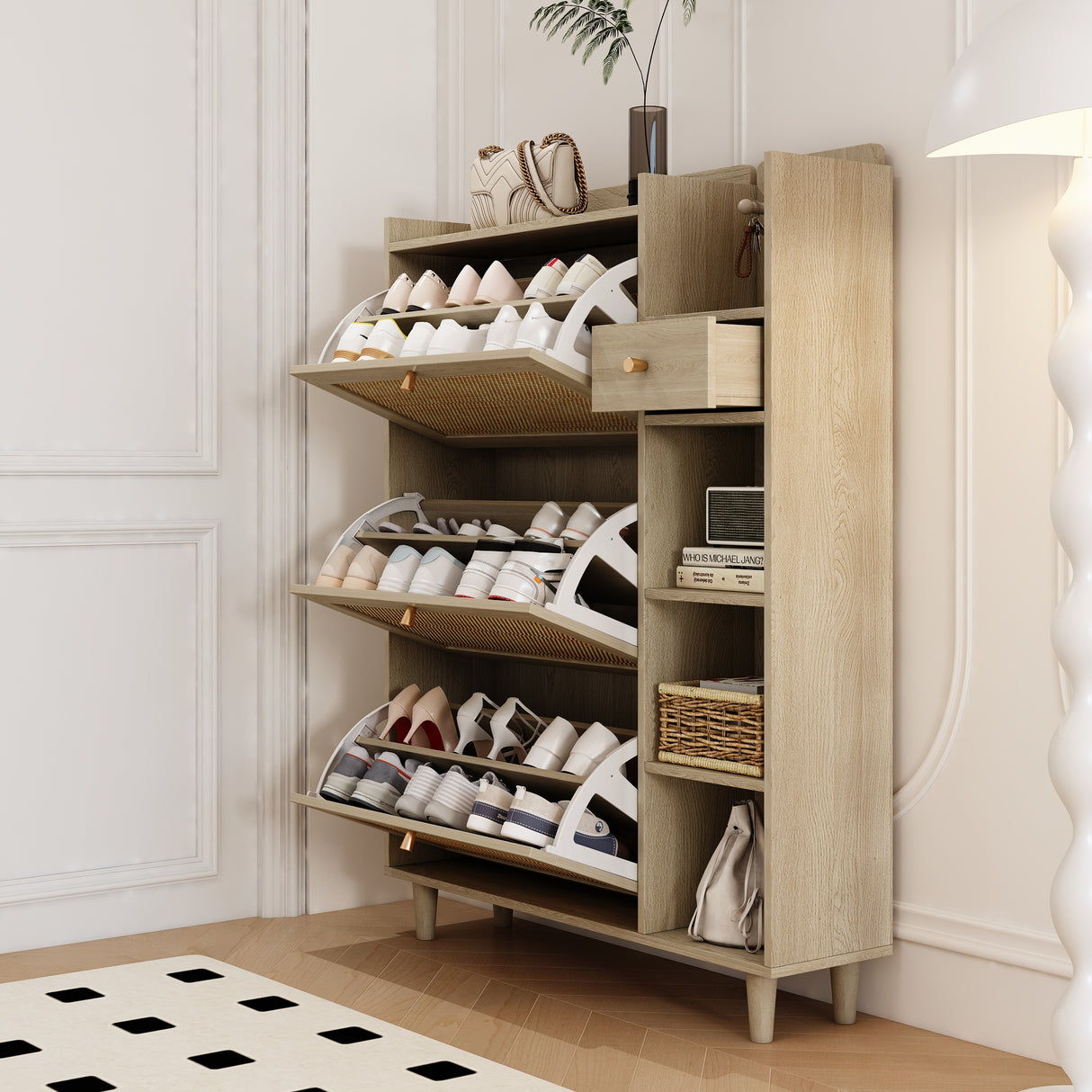 Natural Bohemian style shoe cabinet with 3 rattan flip drawers, 3 square shelves, and 1 storage drawer, Natural - V.I.P Digital Presence