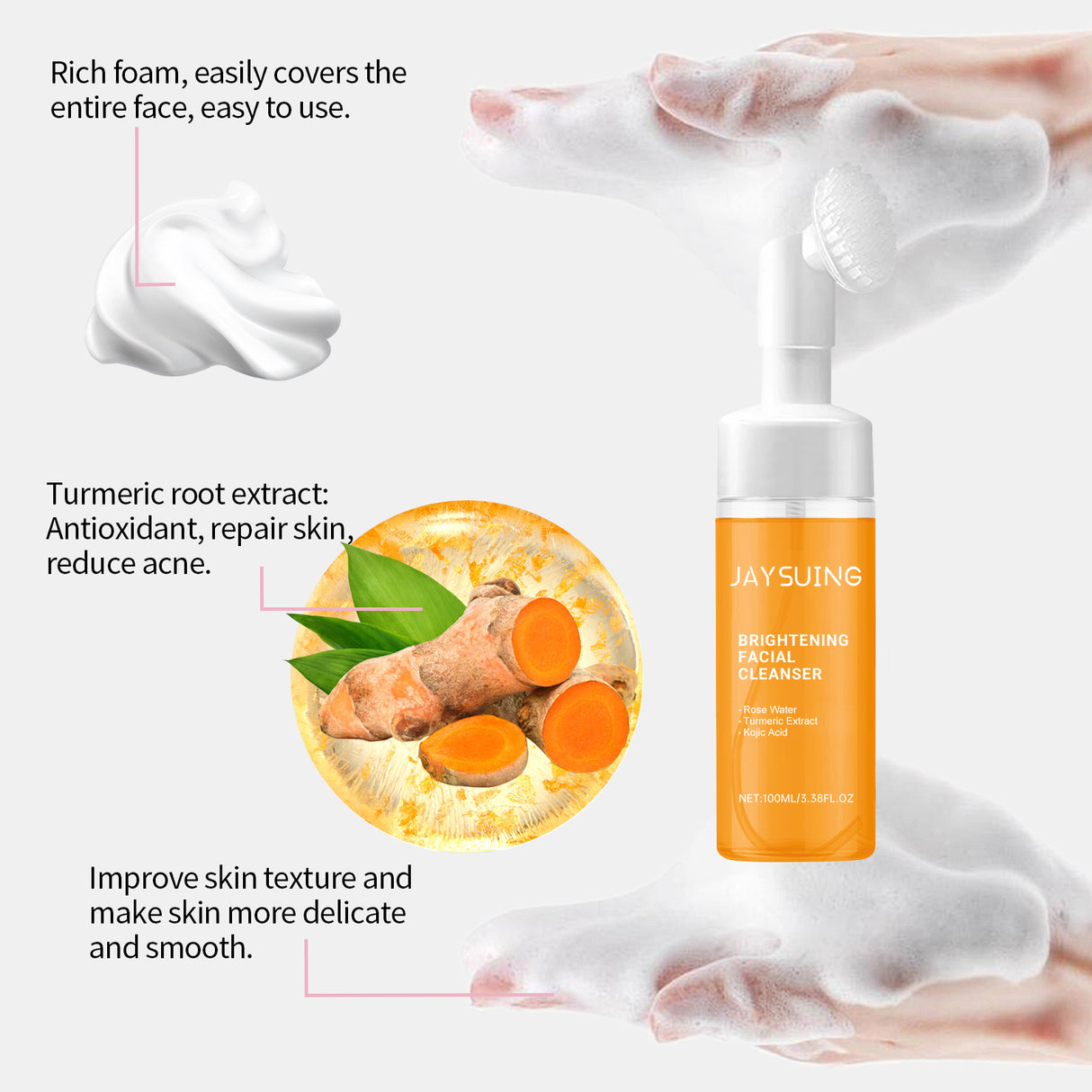 Mousse limpiadora de cúrcuma para una limpieza suave de la piel facial. Limpiador de poros. Cuidado hidratante de la piel.