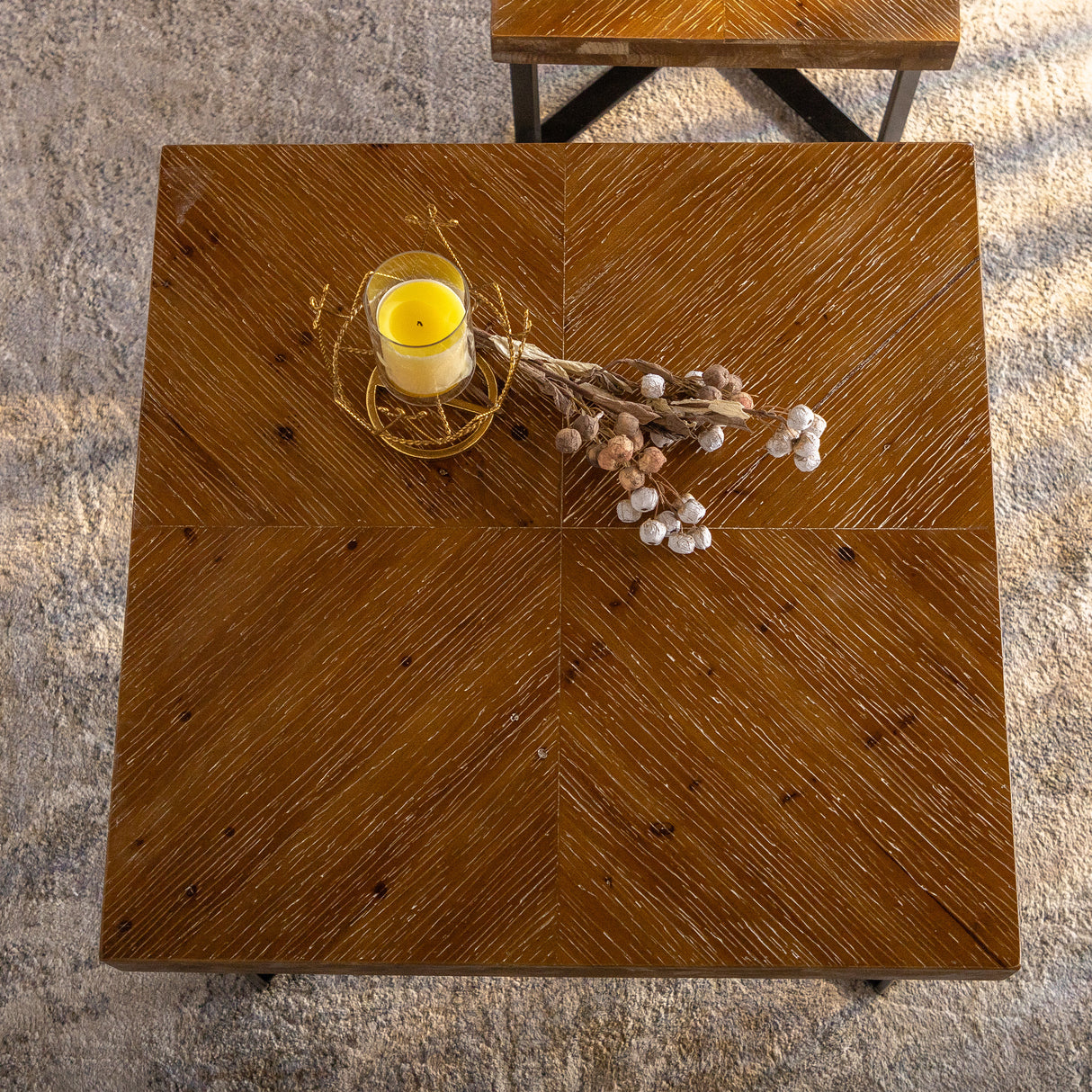 31.3"Modern Retro Splicing Square Coffee Table Fir Wood Table Top with Cross Legs Metal Base (Set of 2 pcs )