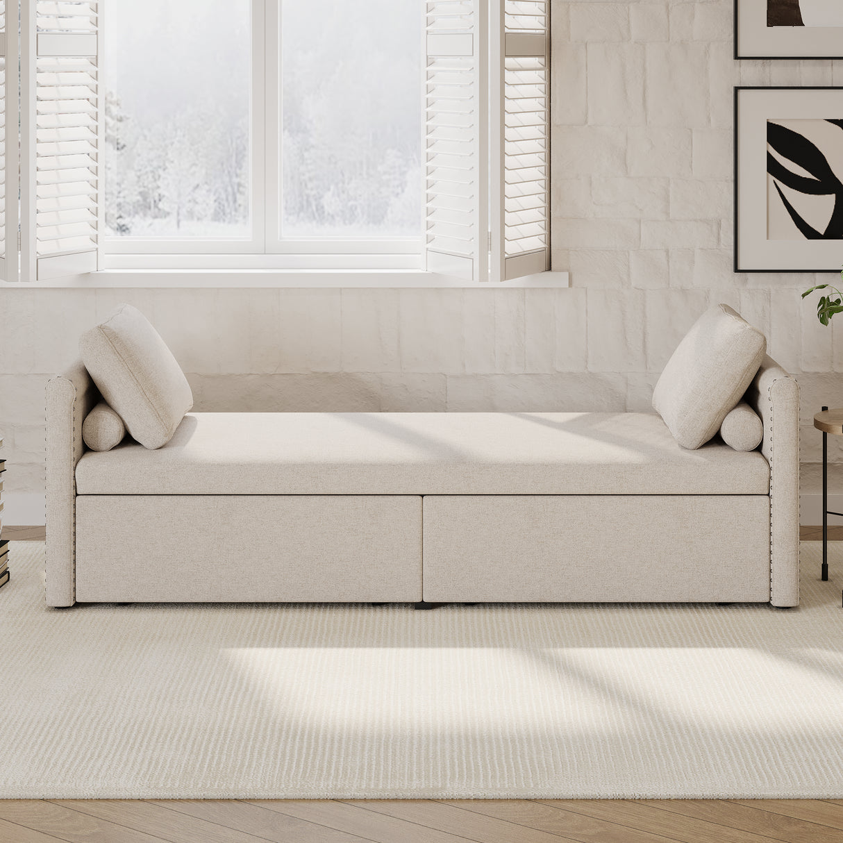 Modern cushioned lounge chair sofa bed with 2 drawers, small single sofa bed without mattress, linen, beige - V.I.P Digital Presence