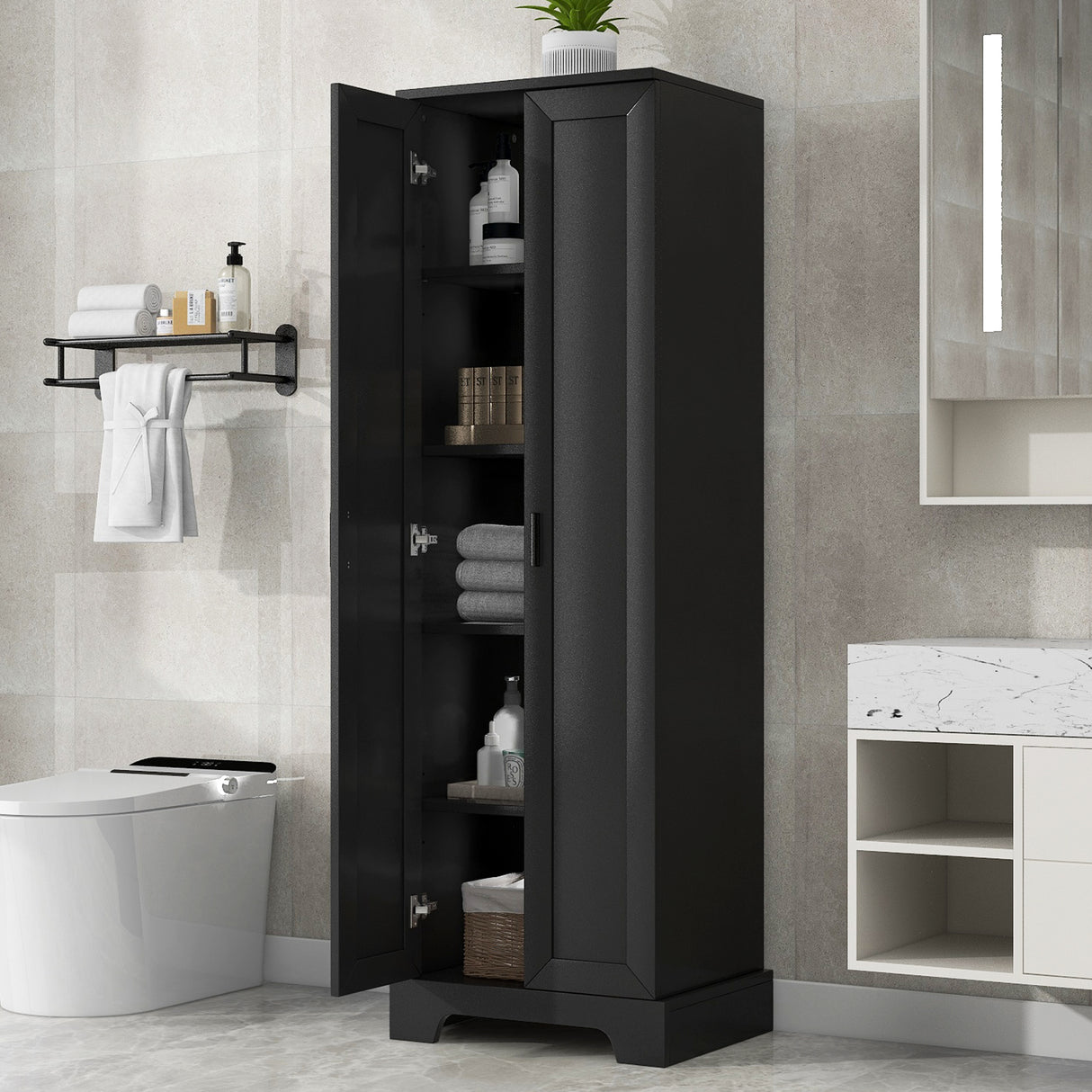 Storage Cabinet with Two Doors for Bathroom, Office, Adjustable Shelf, MDF Board, Black - V.I.P Digital Presence