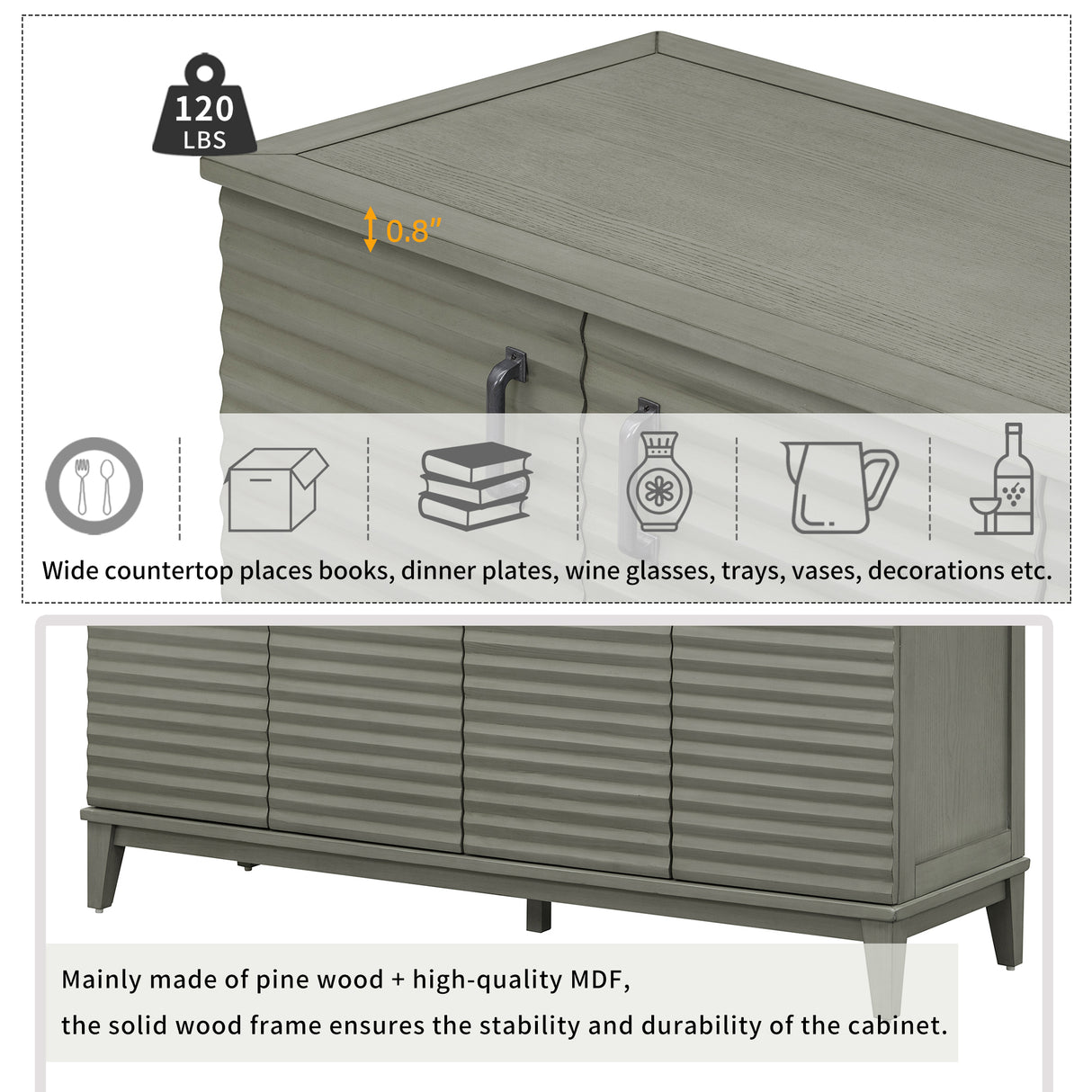 TREXM side panel with 4-door large storage buffet, adjustable shelves and metal handles (antique gray) - V.I.P Digital Presence