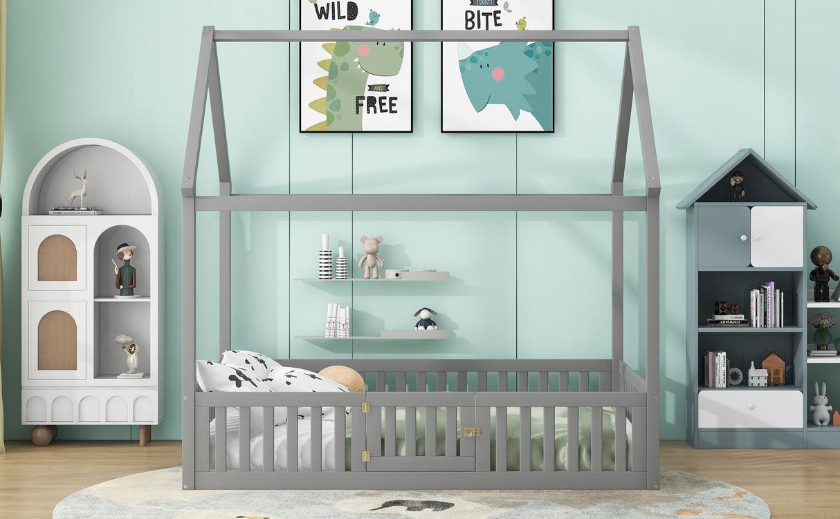 Full Size Wood House Bed with Fence and Door, Gray - V.I.P Digital Presence