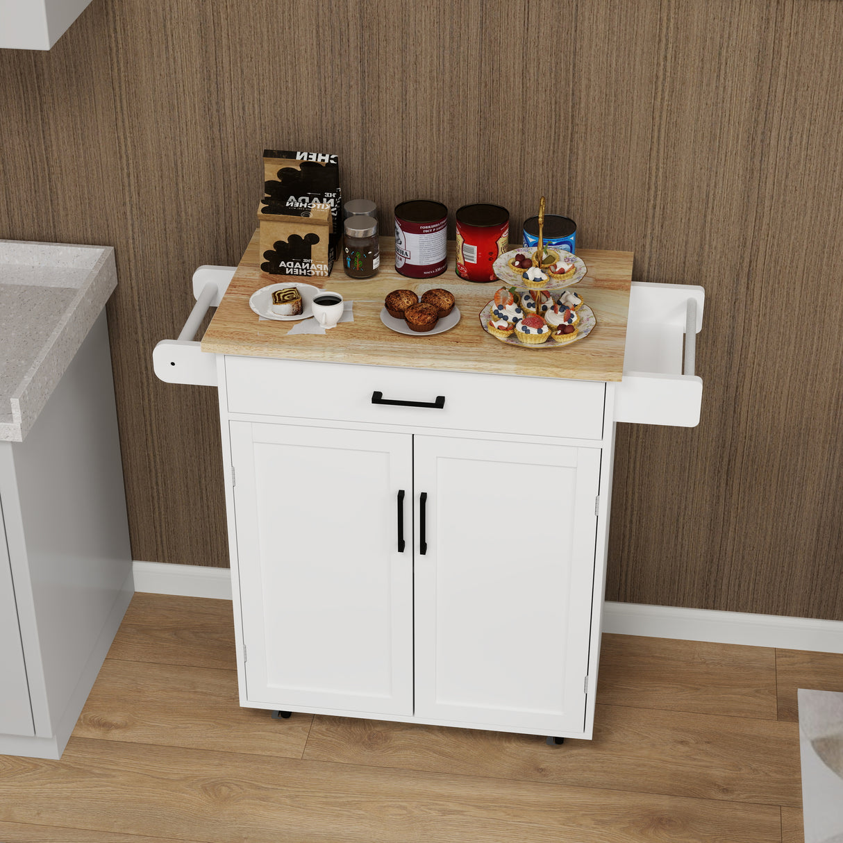 Kitchen island rolling trolley cart with 1 drawer & 2 doors with storage racks & Adjustable Shelves & towel rack - V.I.P Digital Presence