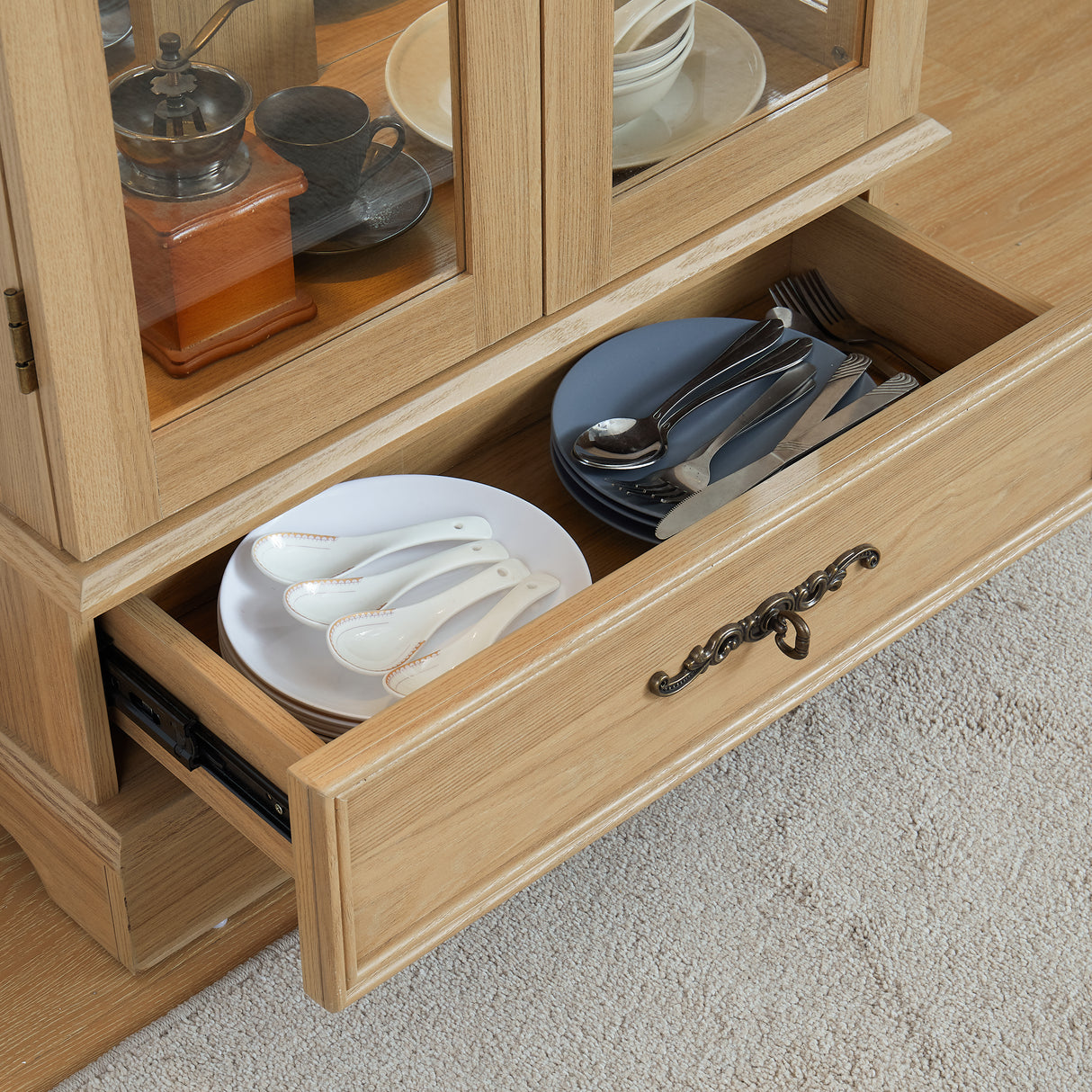 Light colored glass cabinet with adjustable glass frame, including cabinet light bulbs OAK with 2 doors and 1 drawer - V.I.P Digital Presence