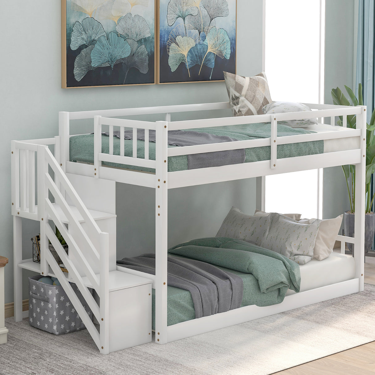 Twin over Twin Floor Bunk Bed, Ladder with Storage White
