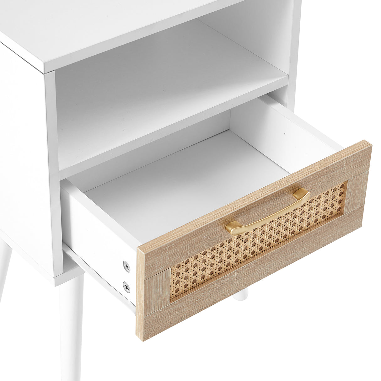 15.75" Rattan End table with drawer and solid wood legs Modern nightstand side table for living room white - V.I.P Digital Presence