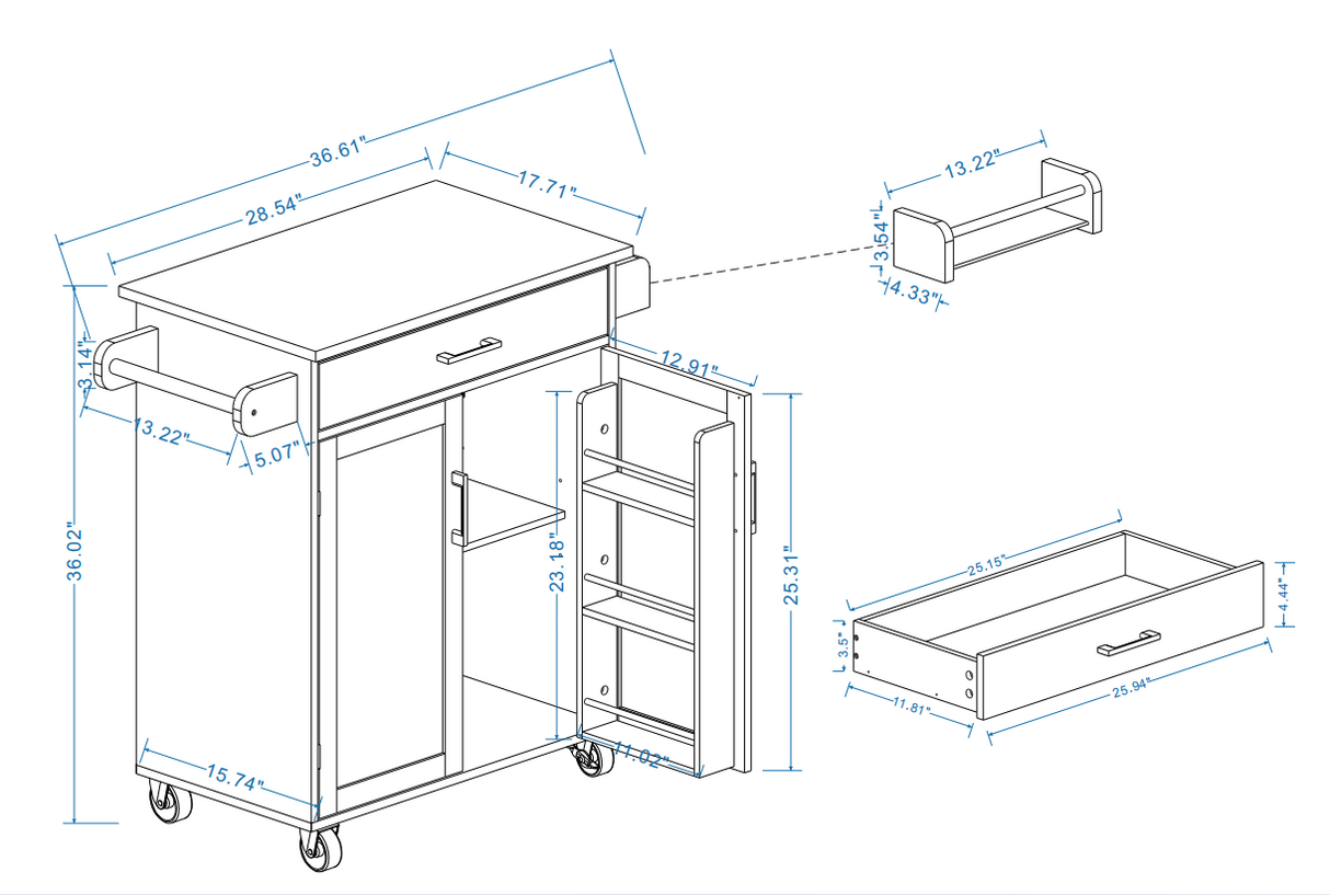 Kitchen island rolling trolley cart with 1 drawer & 2 doors with storage racks & Adjustable Shelves & towel rack - V.I.P Digital Presence