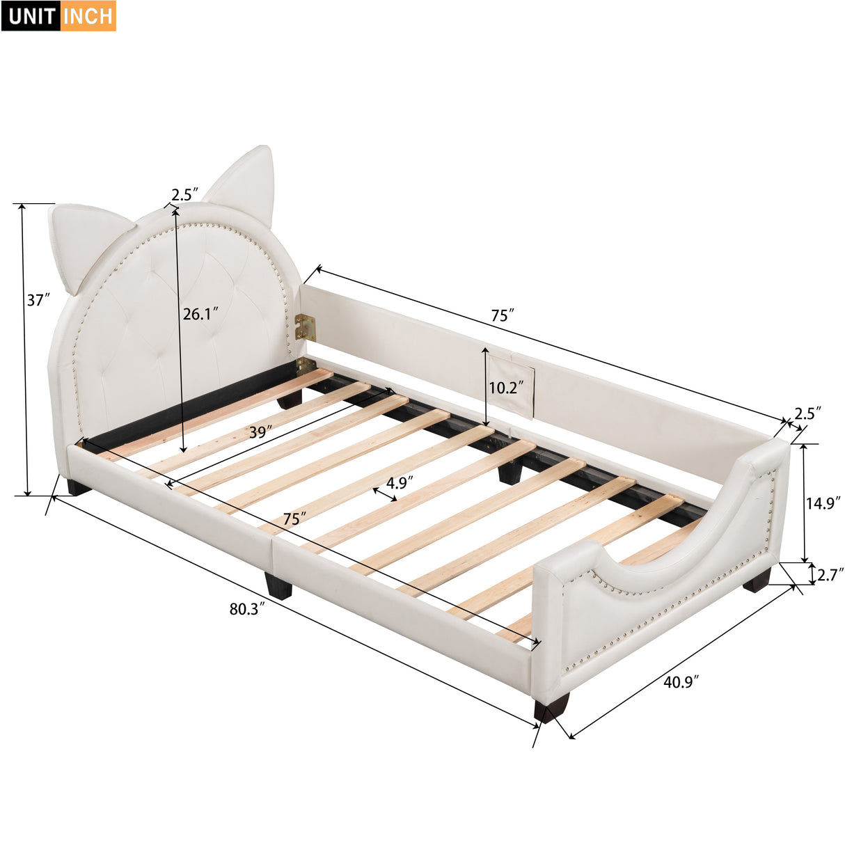Twin Size Upholstered Daybed with Carton Ears Shaped Headboard White