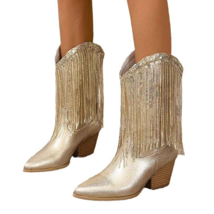 Women Vintage Chunky Heel Wrinkled Slip-on V-Opening Western Cowboy Boots - V.I.P Digital Presence