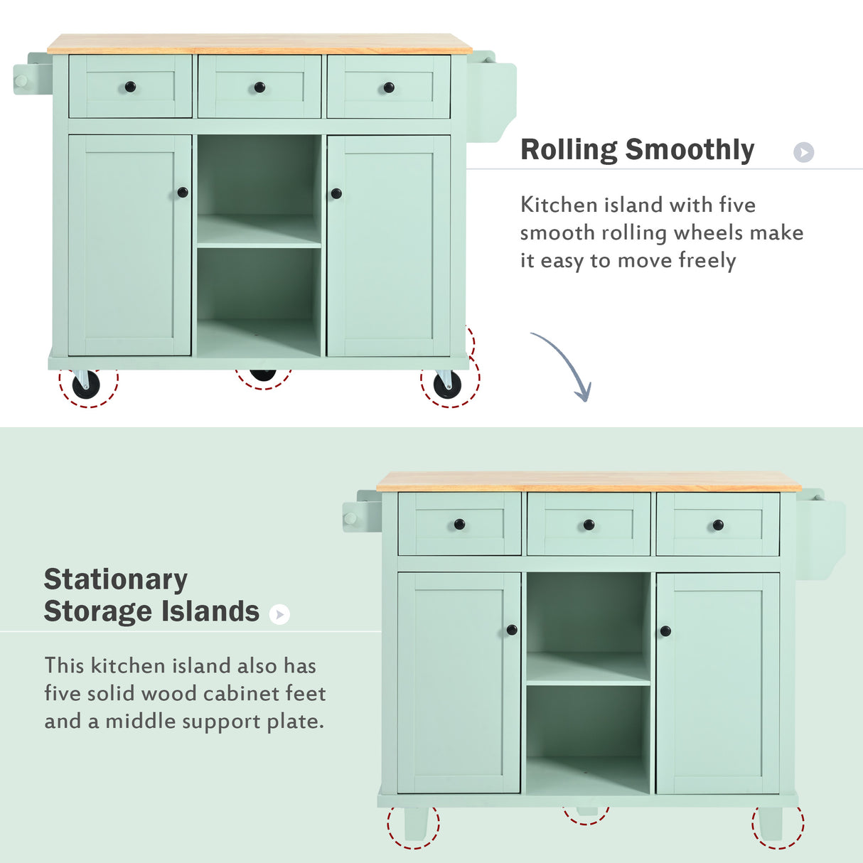 Kitchen trolley, cabinet door internal storage rack with storage cabinet and 3 dining room drawers, mint green - V.I.P Digital Presence