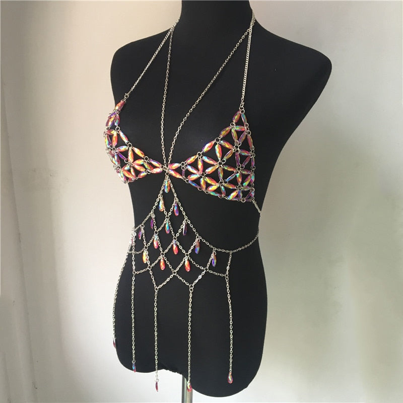 Queen Bling Metal Tassel Details Tank Tops Festival Rave Clothing Summer Sexy Backless Rave Body Chain Beach Tops - V.I.P Digital Presence