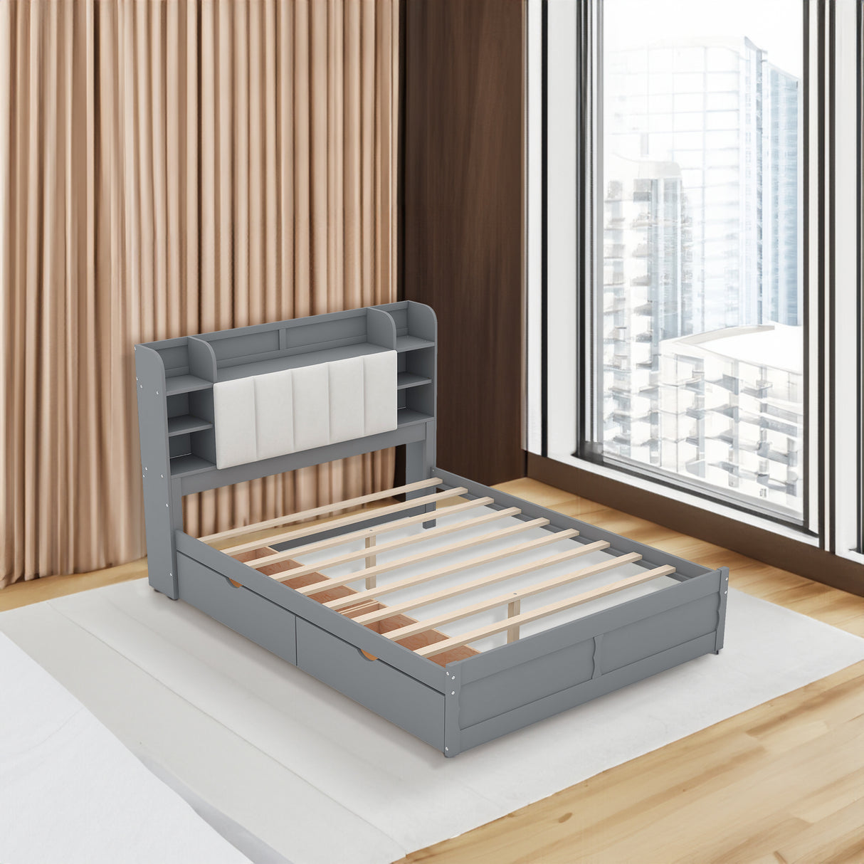 Wood Queen Size Platform Bed with Storage Headboard Shelves and 2 Drawers Gray