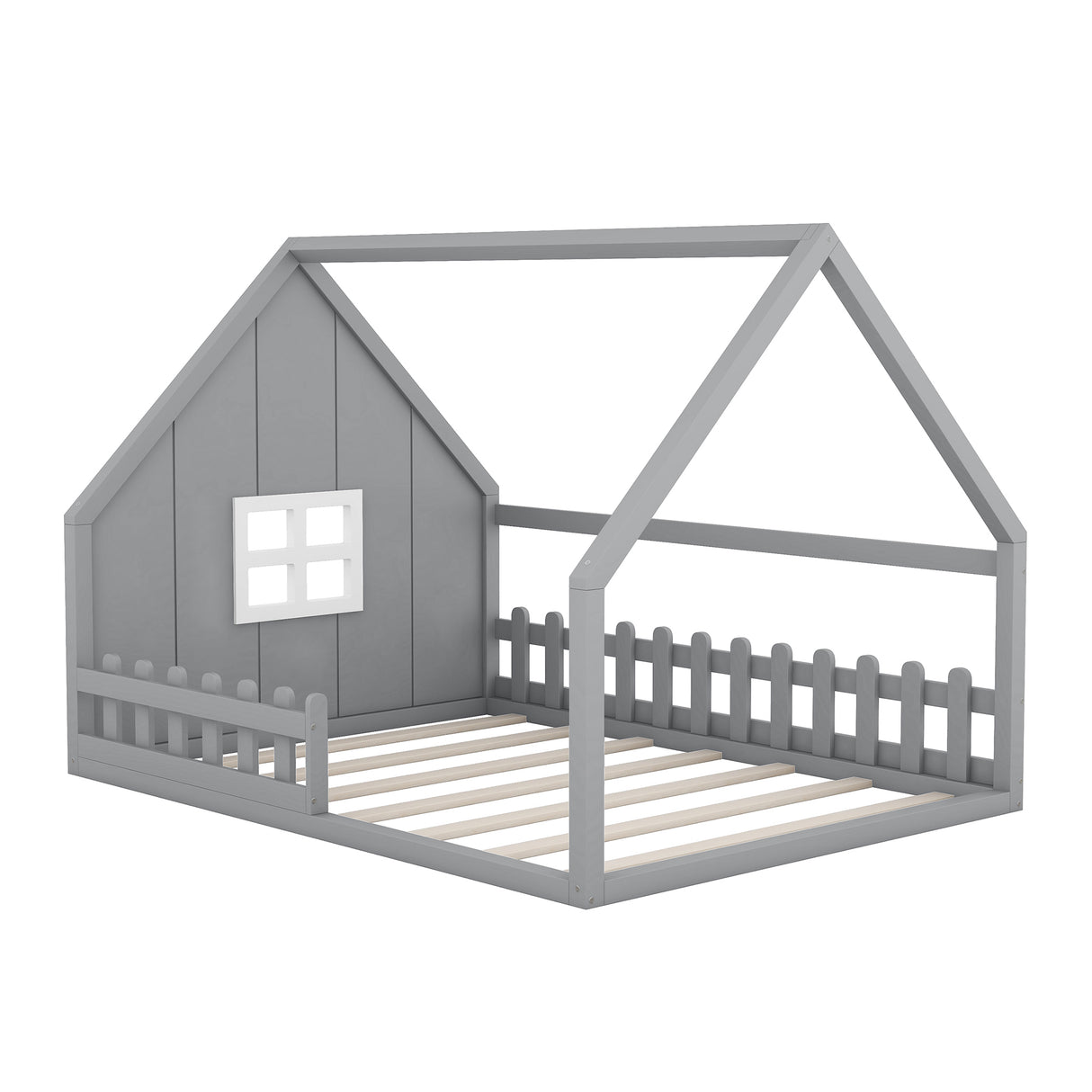 Full Size Wood House Bed with Window and Fence Gray