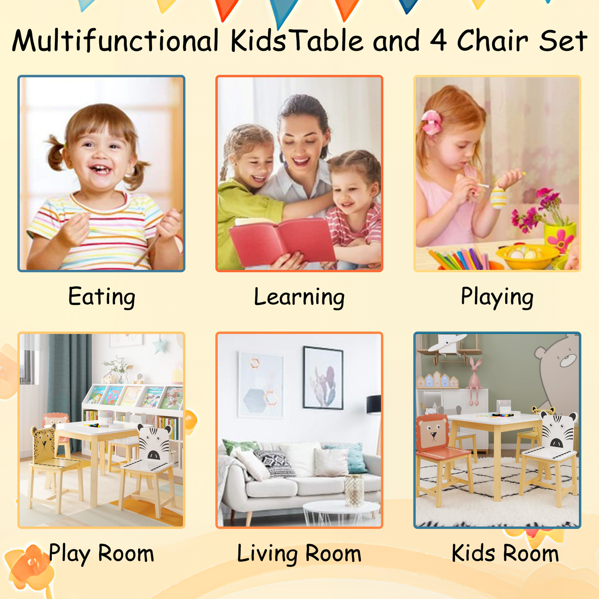5 Piece Kiddy Table and Chair Set Kids Wood Table with 4 Chairs Set Cartoon Animals (bigger table) (3-8 years old) - V.I.P Digital Presence