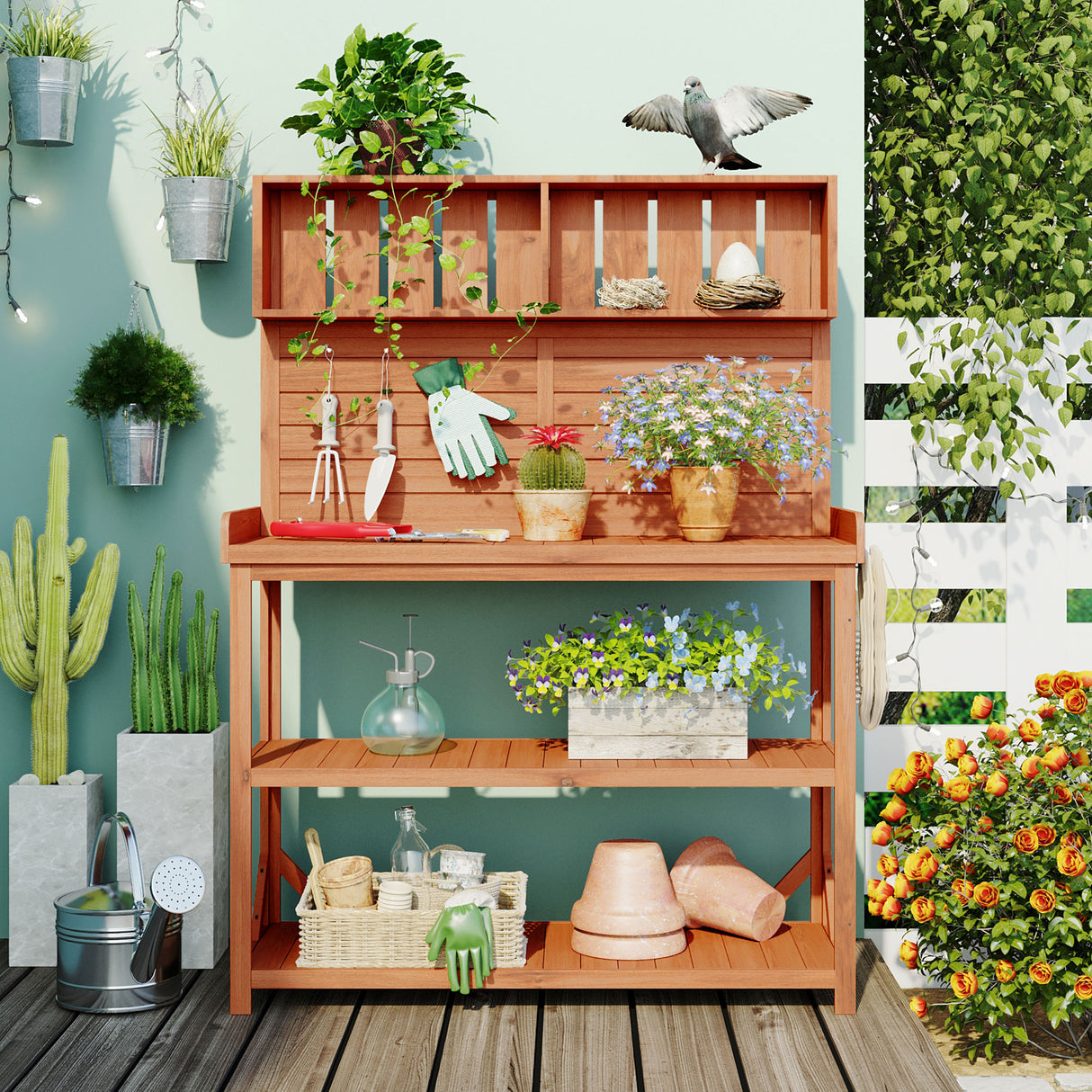 65" Large Wooden Farmhouse Rustic Outdoor Potting Bench Table Garden Potting Bench with 4 Storage Shelves and Side Hook,Natural - V.I.P Digital Presence