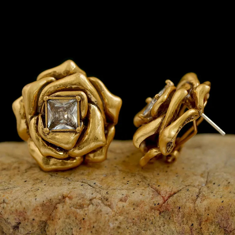 Brass Gold Color Metal Rose Flower Stud Earrings Geometry Zircon Shiny for Women Girls Jewelry Gifts Europe and America - V.I.P Digital Presence