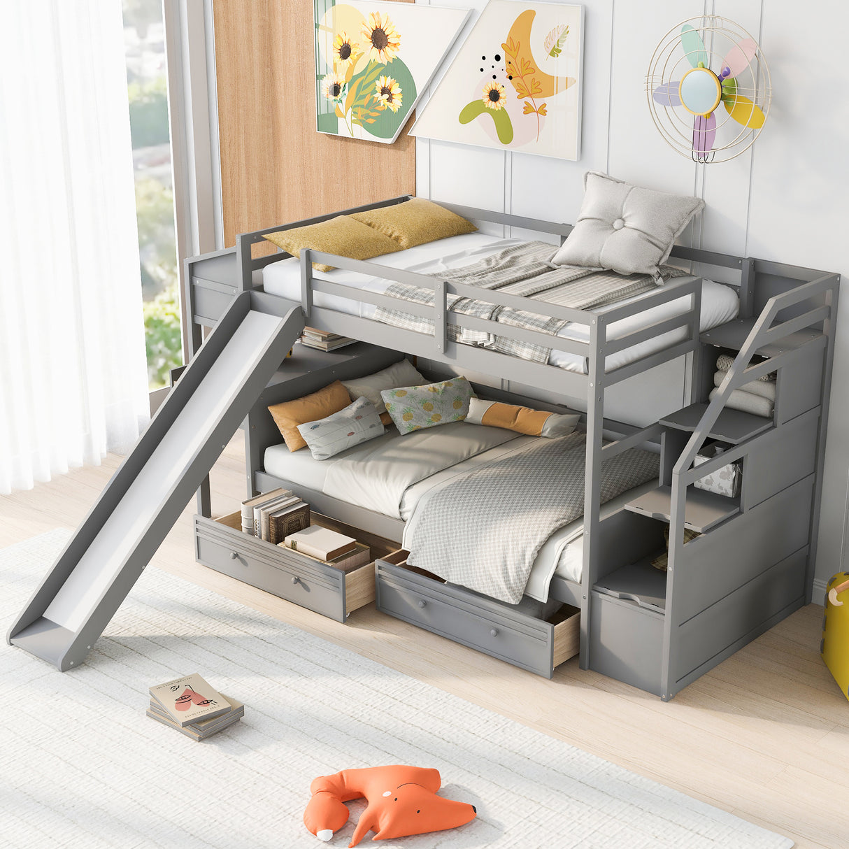 Twin over Twin Bunk Bed with Storage Staircase, Slide and Drawers, Desk with Drawers and Shelves Gray
