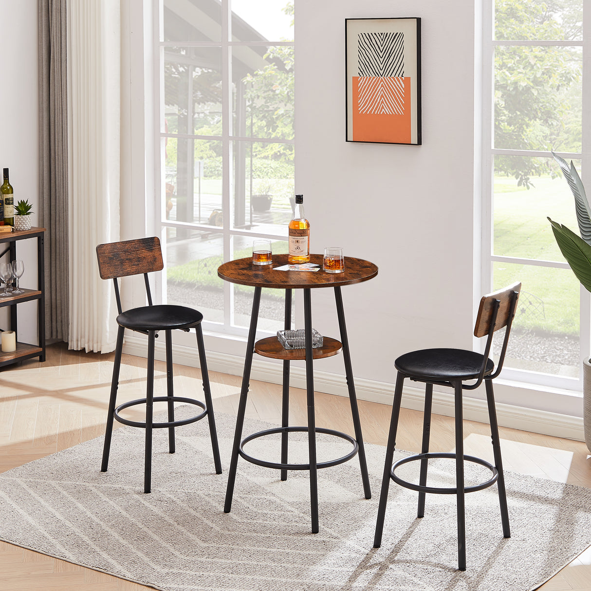 Round bar stool set with shelf upholstered stool with backrest Rustic Brown 23.62'' W x 23.62'' D x 35.43'' H - V.I.P Digital Presence