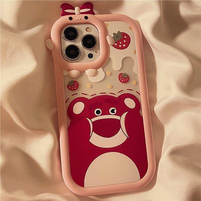 Funda de teléfono con diseño de oso fresa y monstruo pequeño para iPhone 13/12/11/XS/7plus, transparente de TPU.