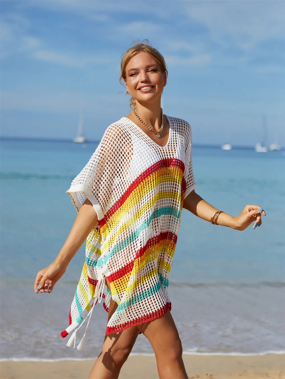 Cutout Striped Cover-Up with Tassel - V.I.P Digital Presence