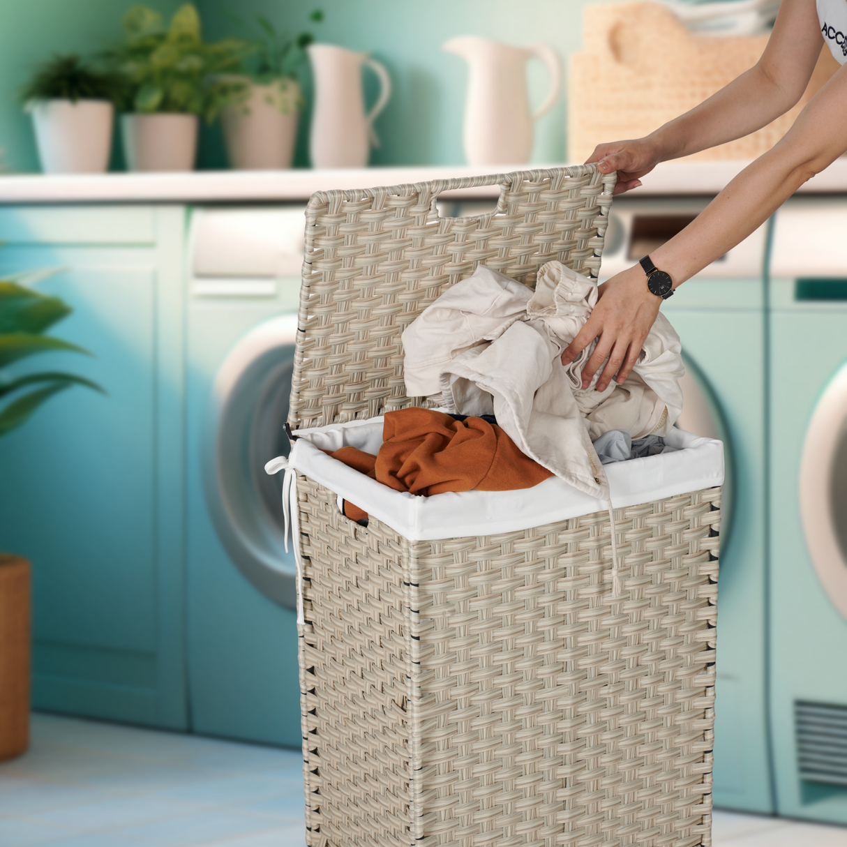 Laundry Hamper With Lid PE Rattan Powder Coating Frame Clothes Hampers with 02 Removable Bags, 100L, Grey Color - V.I.P Digital Presence