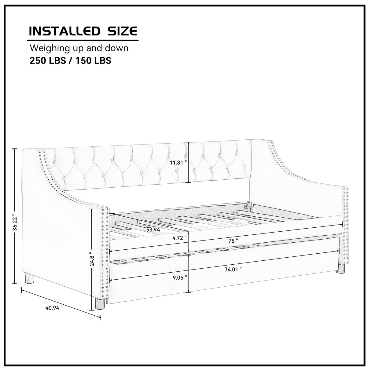 Twin Size Upholstered Daybed with Trundle Sturdy Wood Bedframe w/ Bedframe Tufted Button & Copper Nail on Arms Design - V.I.P Digital Presence