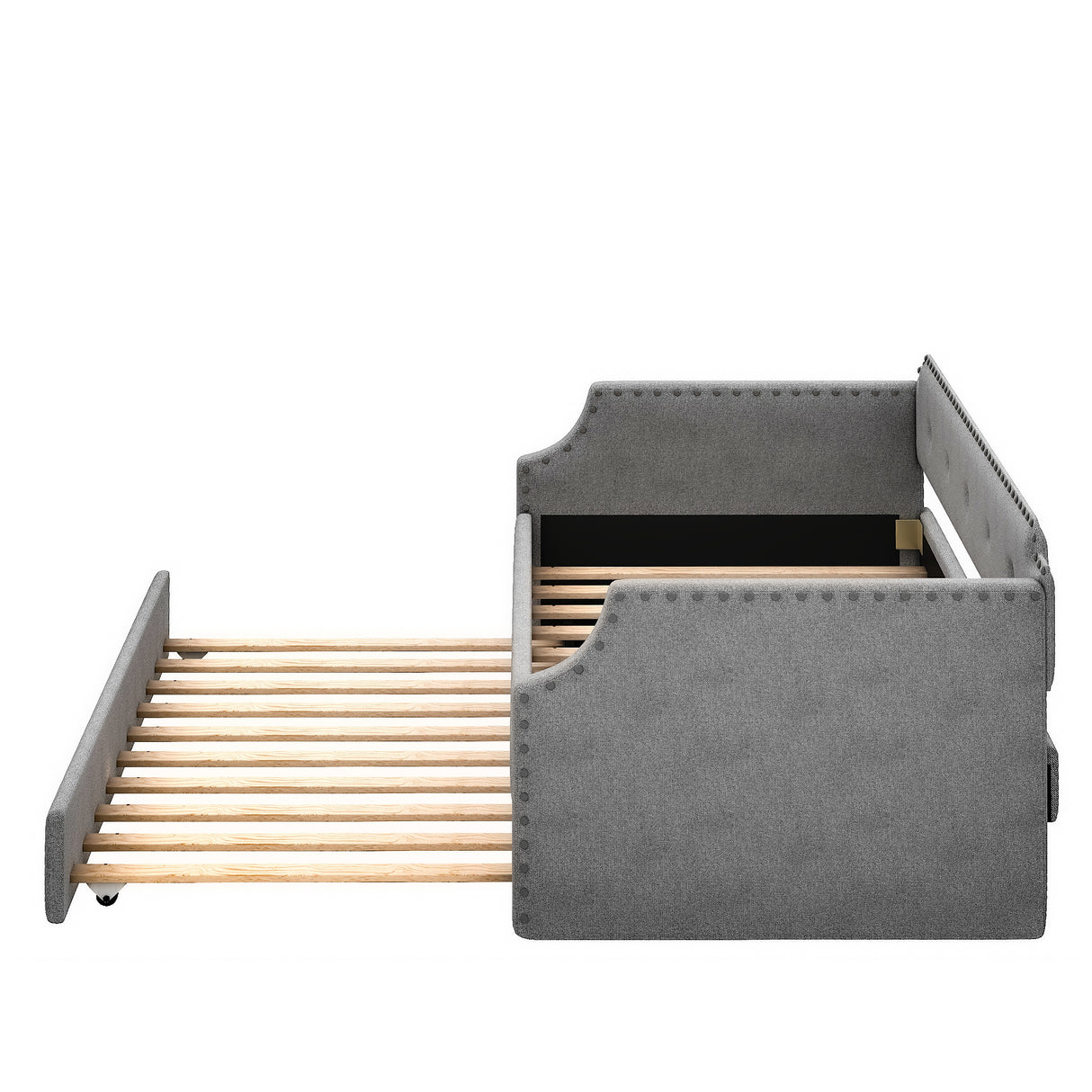 Upholstered Daybed with Trundle, Wood Slat Support,Upholstered Frame Sofa Bed Twin Gray
