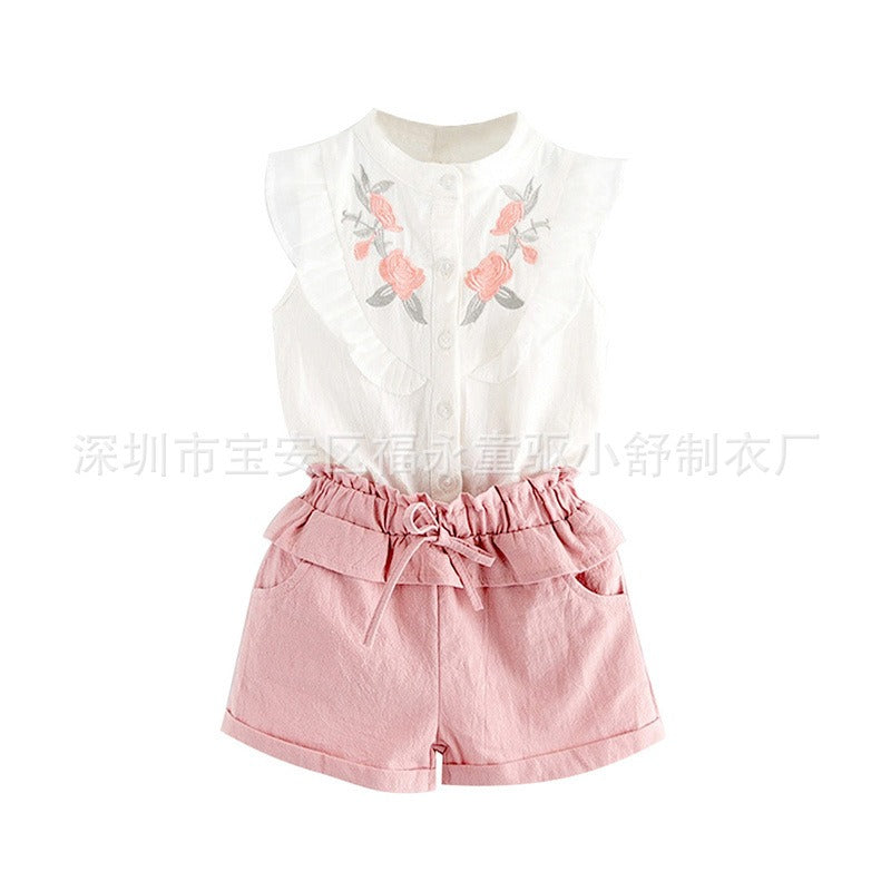 INS Children's Clothing Girls Embroidered Flowers Ruffled Lace Sleeveless Shirt Two-Color Shorts Set - V.I.P Digital Presence