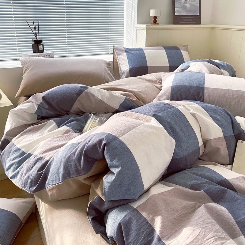 Juego de ropa de cama de algodón lavado teñido de algodón puro de clase A, sábana plana, funda de edredón, sábana ajustable, funda de edredón, juego de tres piezas a rayas