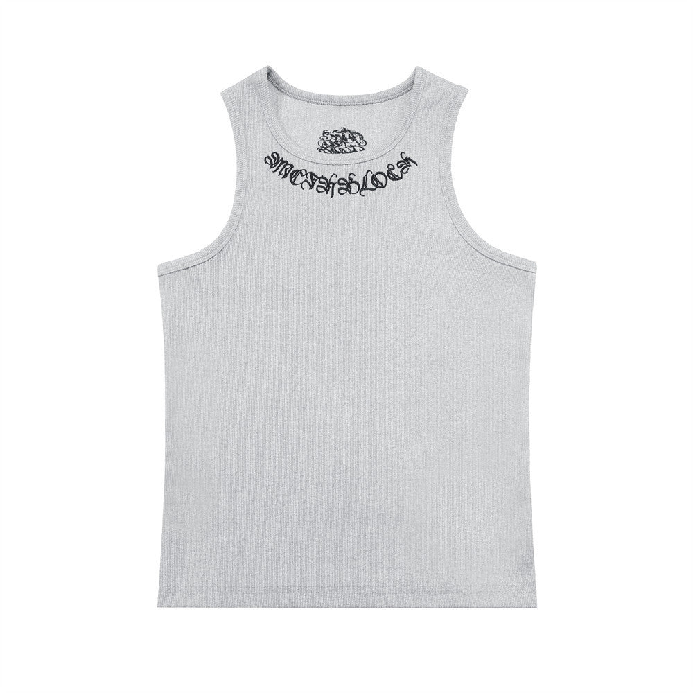 Gothic Letter Embroidery Ribbed Tank Top Men's Sports Fitted Casual Striped Sleeveless T-Shirt - V.I.P Digital Presence