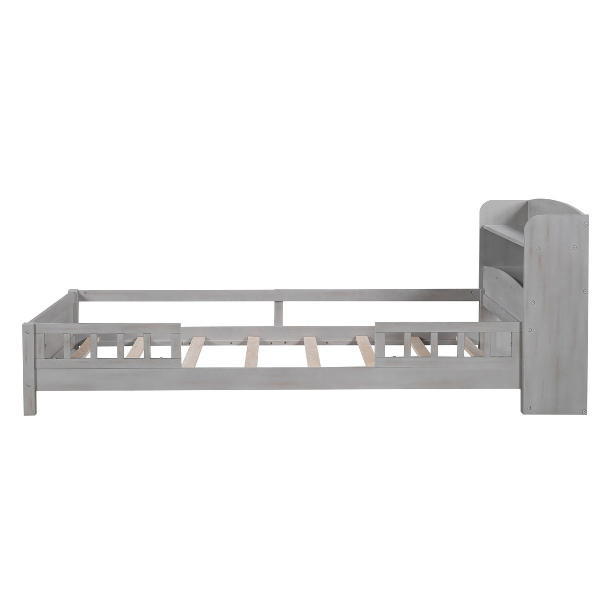 Wood Twin Size Platform Bed with Built-in LED Light Storage Headboard and Guardrail Antique Grey