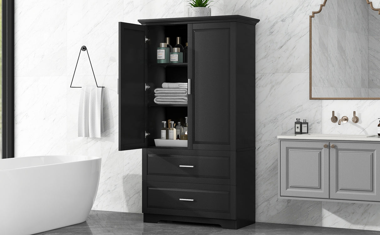 Tall Bathroom Storage Cabinet, Cabinet with Two Doors and Drawers, Adjustable Shelf, MDF Board, Black - V.I.P Digital Presence