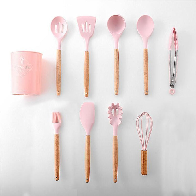 11-Piece Barreled Cooking Utensils Set With Wooden Handle Pink - V.I.P Digital Presence
