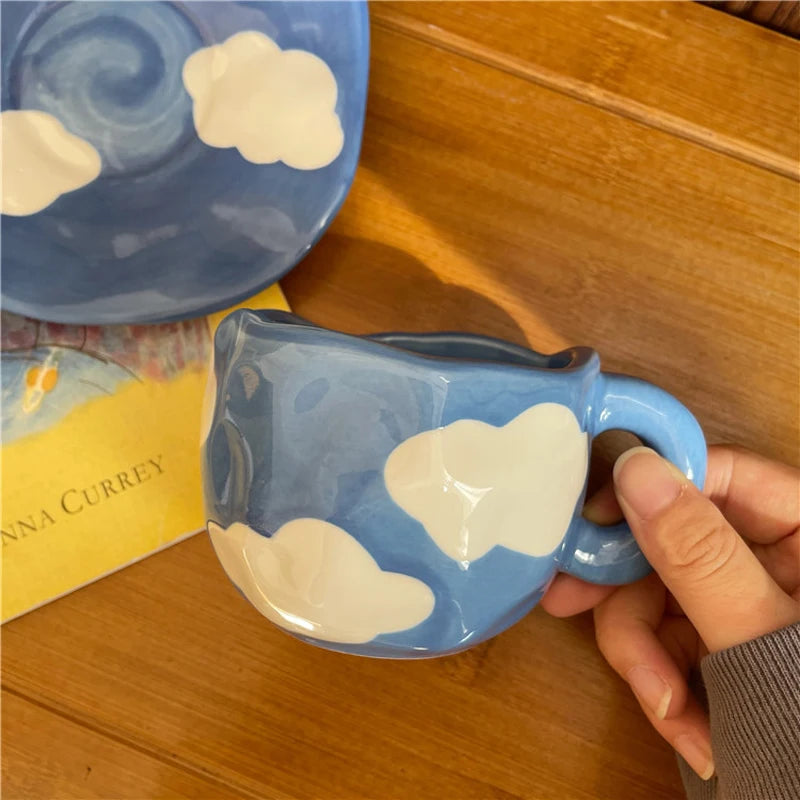 Hand Painted Blue Sky White Clouds Coffee Mug with Saucer Ceramic Handmade Tea Cup Saucer Set Lovely Gift Irregular Coffee Mug - V.I.P Digital Presence