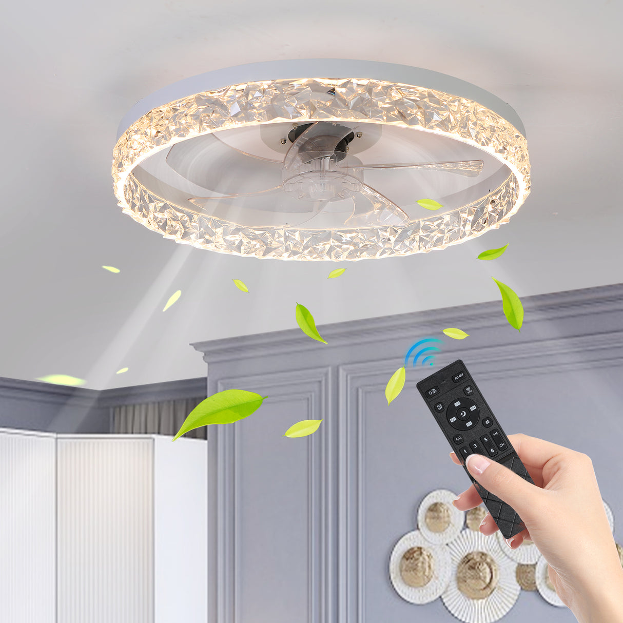 Modern acrylic ceiling fan light with remote control, dimmable LED pendant light, 6-speed adjustable, silent motor - V.I.P Digital Presence