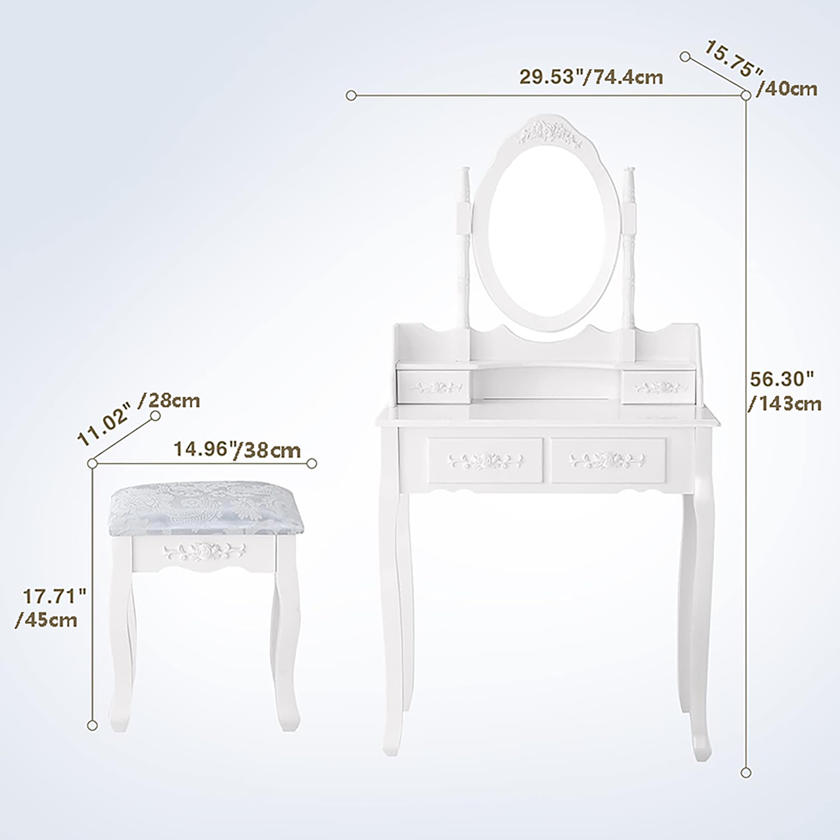 Vanity Table Set with 4 Drawer, Makeup Dressing Table w/Cushioned Stool, Girls Women Bedroom Furniture Set Oval Mirror - V.I.P Digital Presence