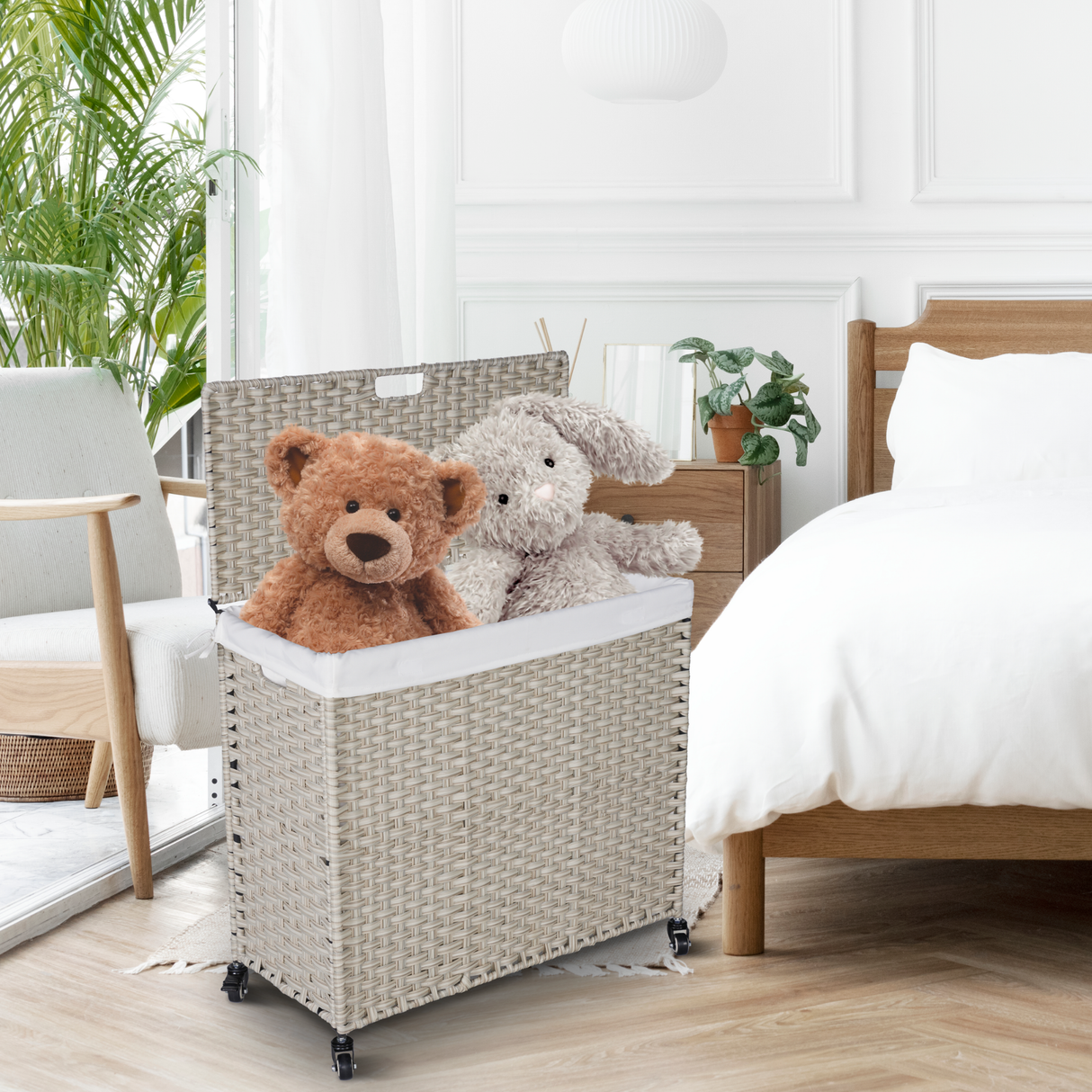 Laundry Hamper With Lid PE Rattan Powder Coating Frame Clothes Hampers with 02 Removable Bags, Wheels, 160L, Grey Color - V.I.P Digital Presence