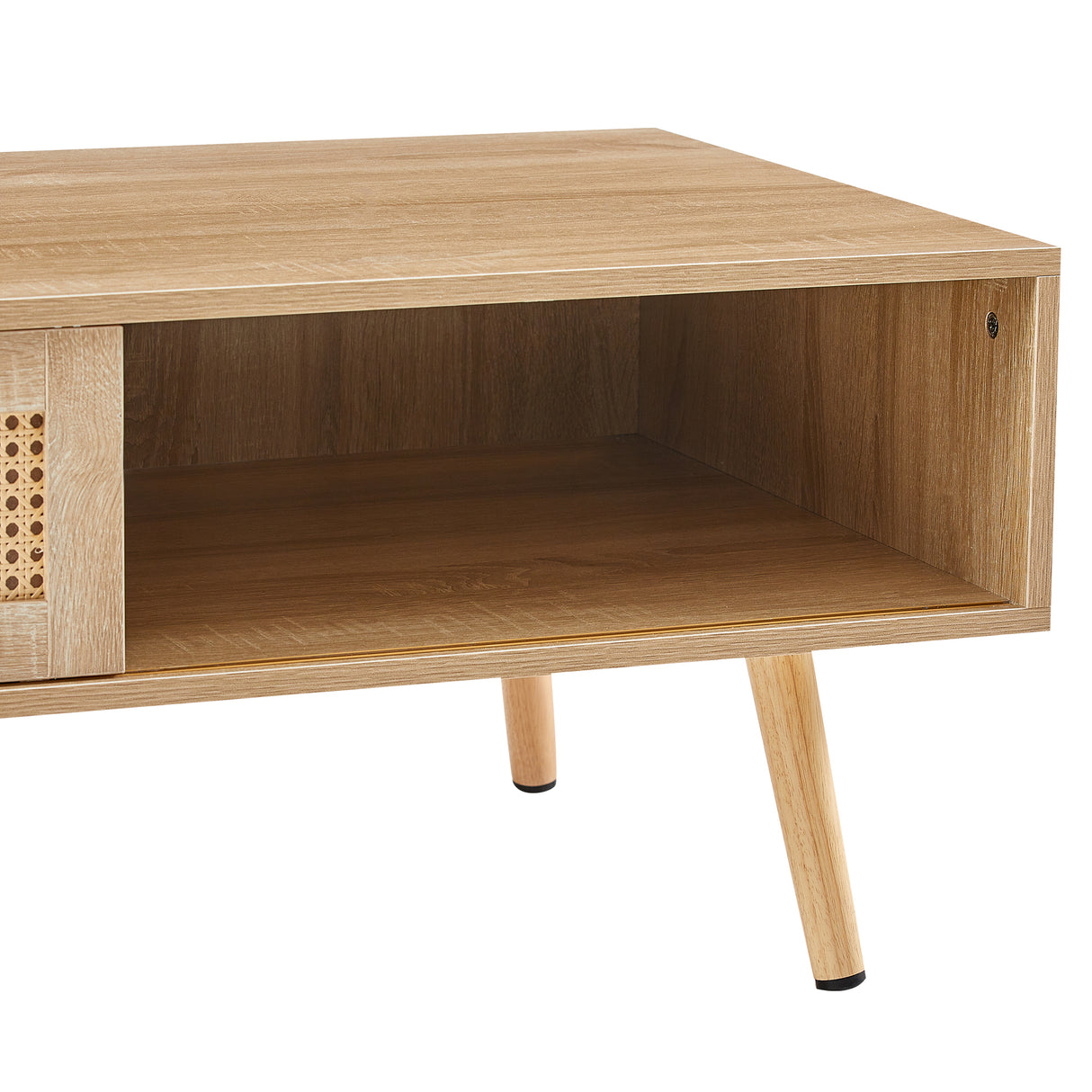 41.34" Rattan Coffee table sliding door for storage solid wood legs Modern table for living room natural - V.I.P Digital Presence