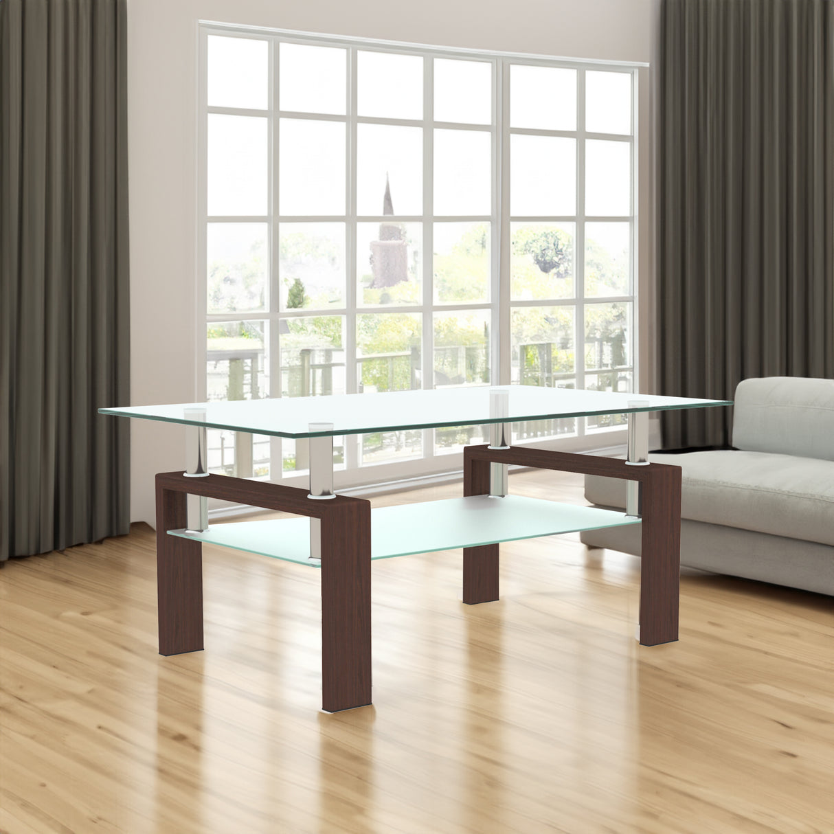 Rectangle Walnut Glass Coffee Table, Clear Coffee Table, Modern Side Center Tables for Living Room, Living Room Furniture - V.I.P Digital Presence