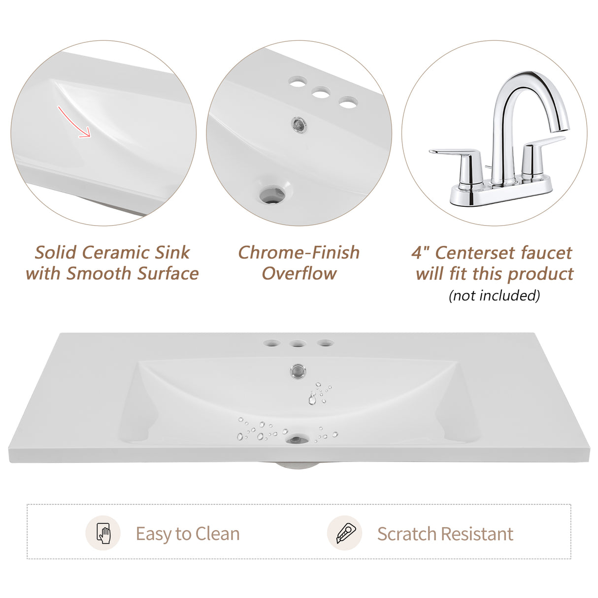 36" Single Bathroom Vanity Top with White Basin, 3-Faucet Holes, Ceramic, White - V.I.P Digital Presence