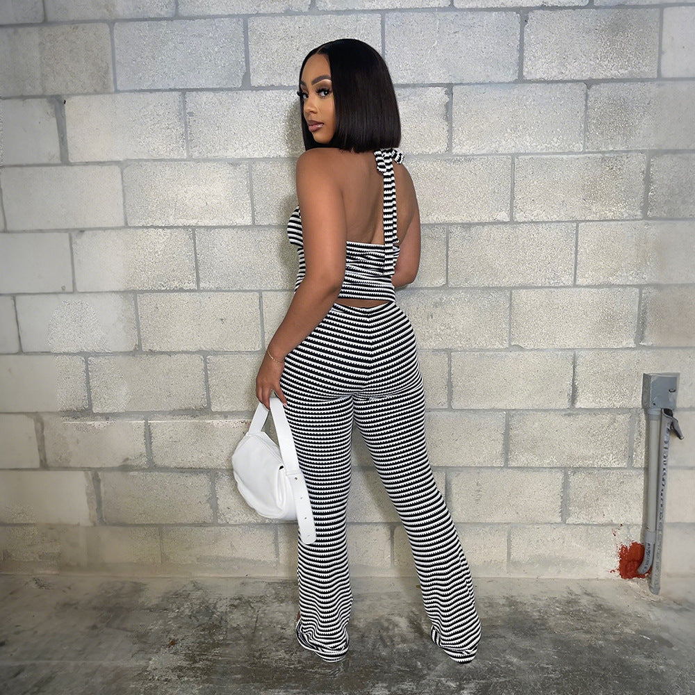 Belted Short Top with Slim Pencil Skirt Two-Piece Set in Jacquard Stripe - V.I.P Digital Presence