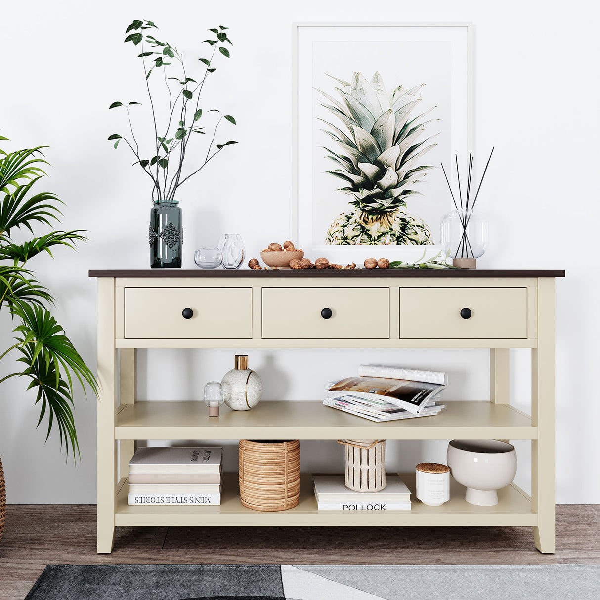 Retro Design Console Table with Two Open Shelves, Pine Solid Wood Frame and Legs for Living Room (Espresso+Beige) - V.I.P Digital Presence