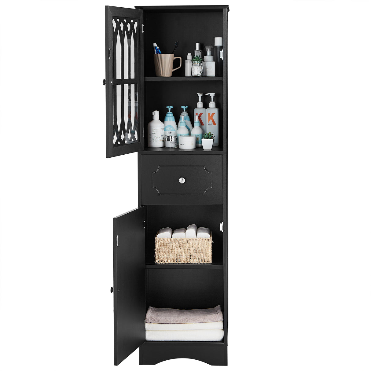 Tall Bathroom Cabinet, Freestanding Storage Cabinet with Drawer and Doors, MDF Board, Acrylic Door, Adjustable Shelf, Black - V.I.P Digital Presence