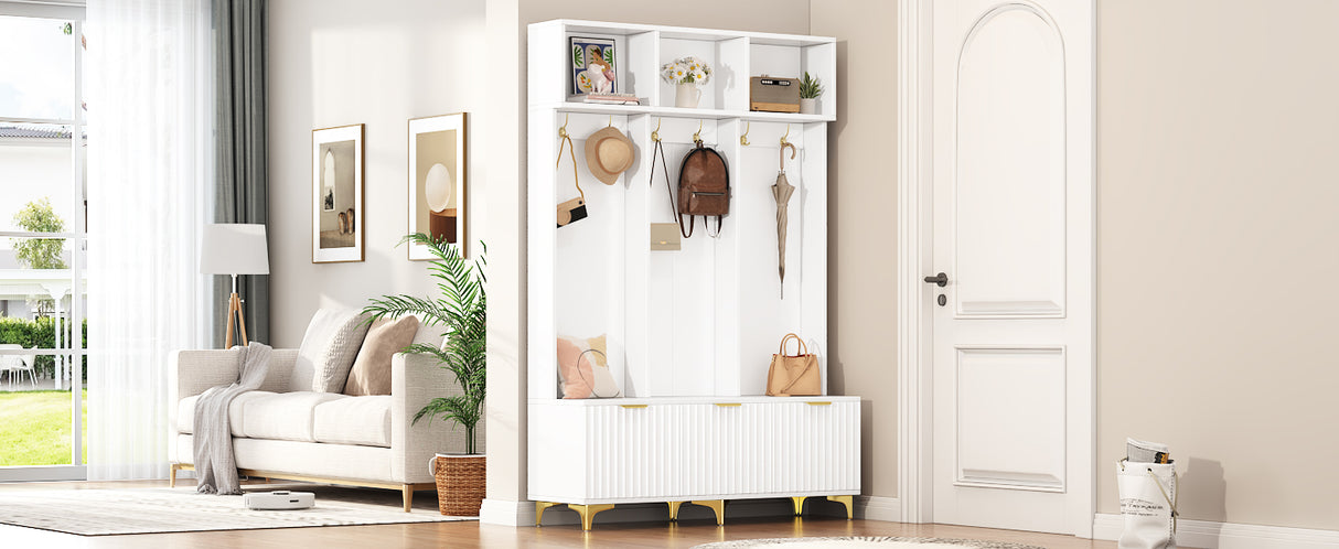 Large storage hall tree with bench, multifunctional storage platform, luxury clothes hanger equipped with 6 gold hooks - V.I.P Digital Presence