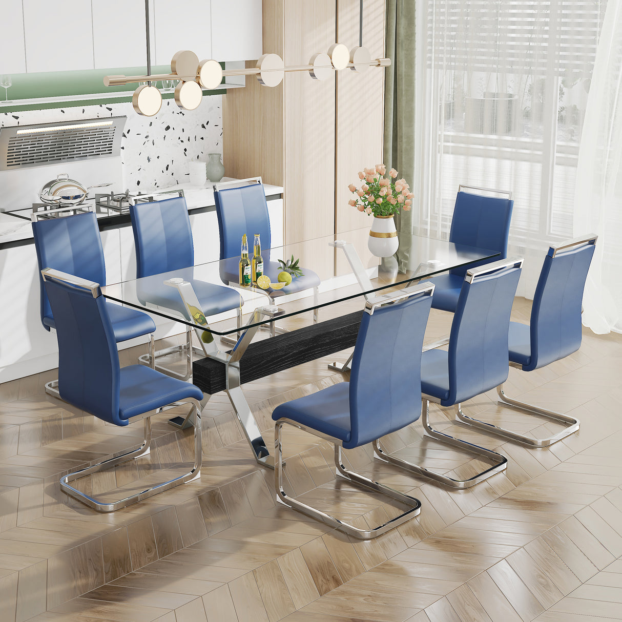 Dining table Modern tempered glass dining table Large modern office desk with silver plated metal legs and MDF crossbars - V.I.P Digital Presence
