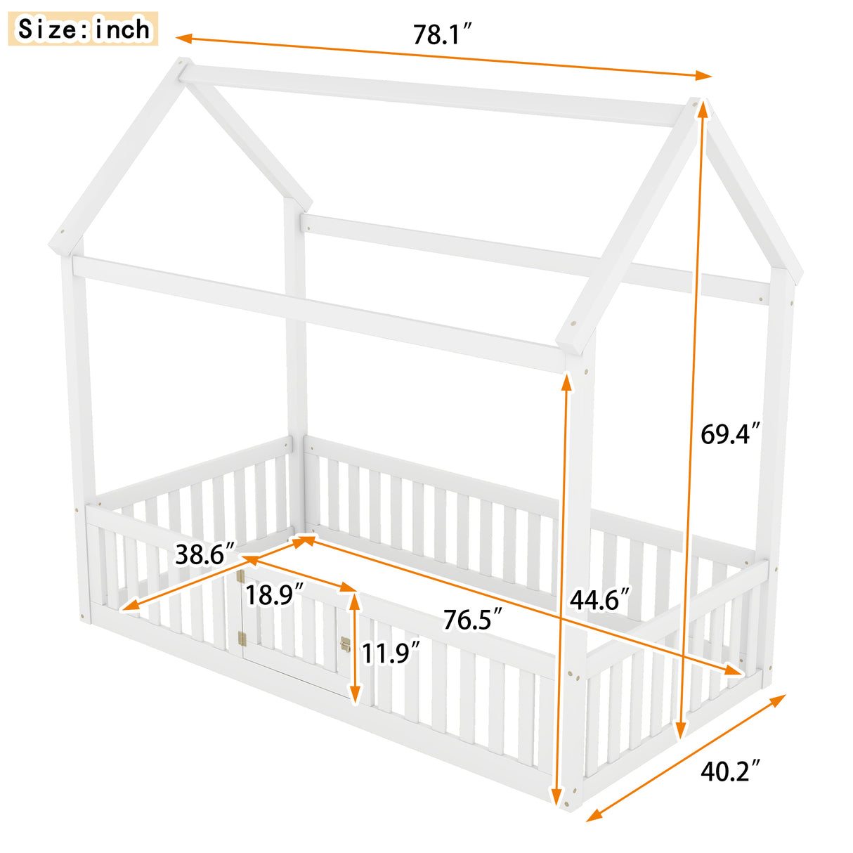 Twin Size Wood House Bed with Fence and Door, White - V.I.P Digital Presence