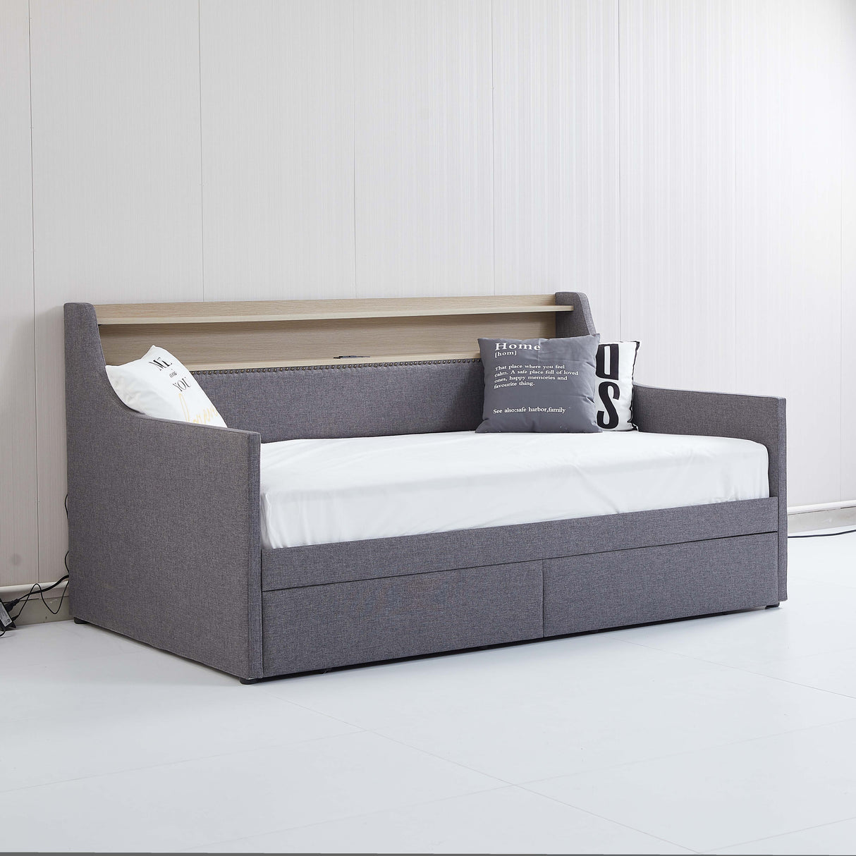 Twin Size Daybed with Storage Drawers, Upholstered Daybed with Charging Station and LED Lights, Gray - V.I.P Digital Presence