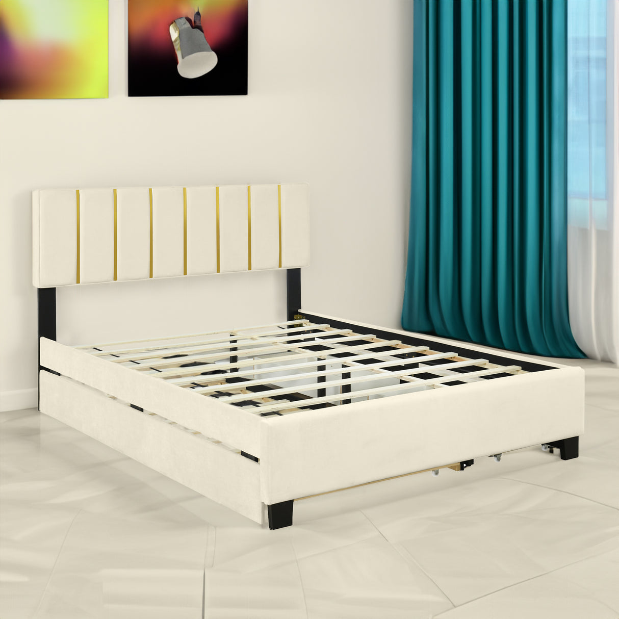 Queen Size Upholstered Platform Bed with 2 Drawers and 1 Trundle, Classic Metal Strip Headboard Design, Beige - V.I.P Digital Presence
