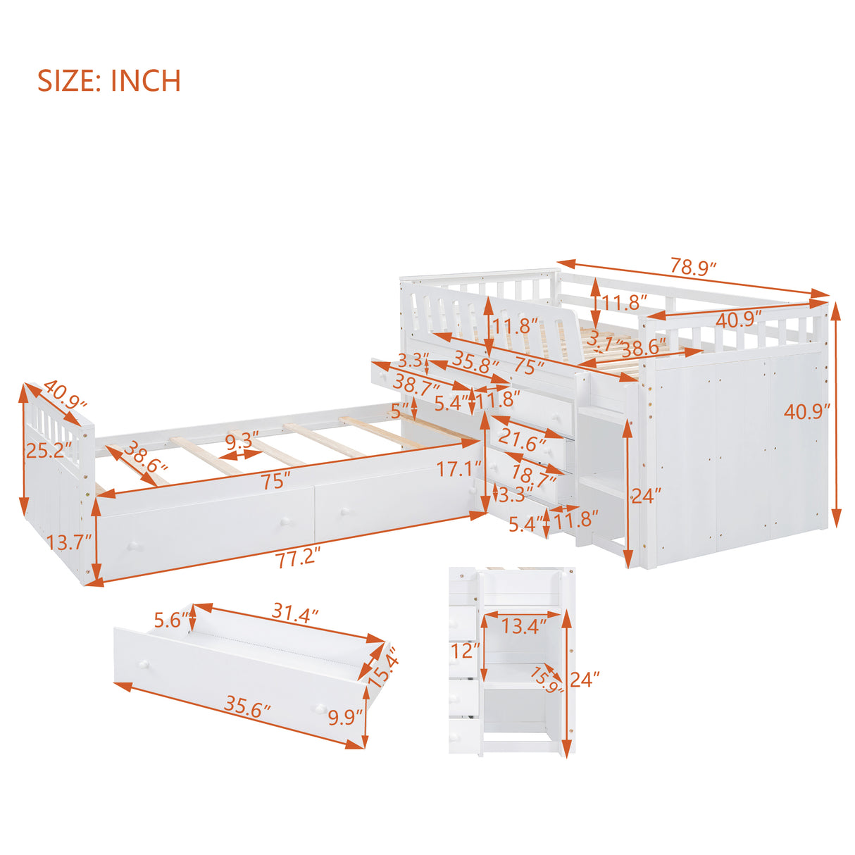 L-shaped Space-Saving Twin Loft and Twin Platform Bed with 7 Drawers and Full Guardrails(WHITE) - V.I.P Digital Presence